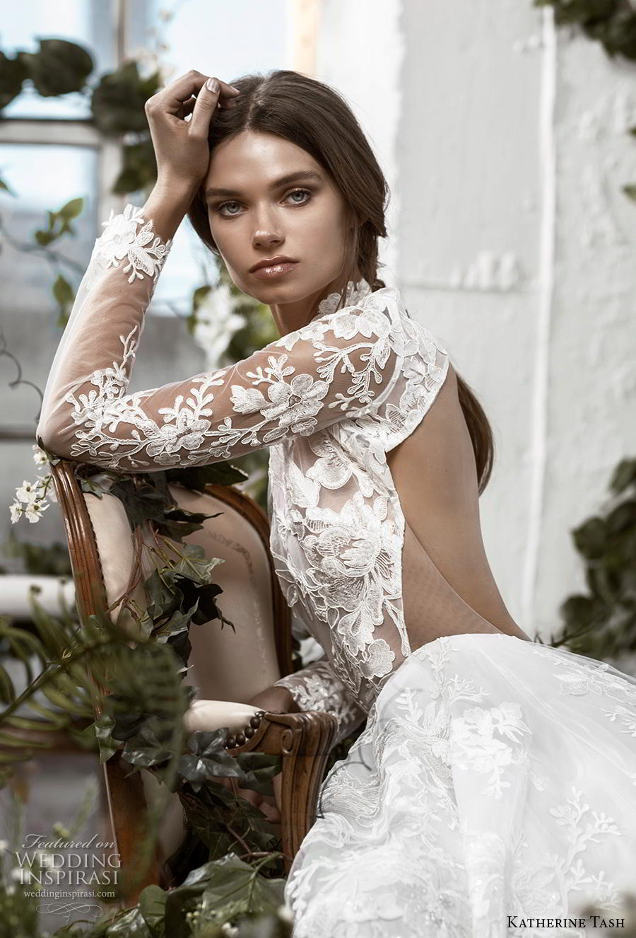 katherine tash fall 2019 bridal long sleeves high neck full embellishment romantic princess a  line wedding dress keyhole back sweep train (11) zv