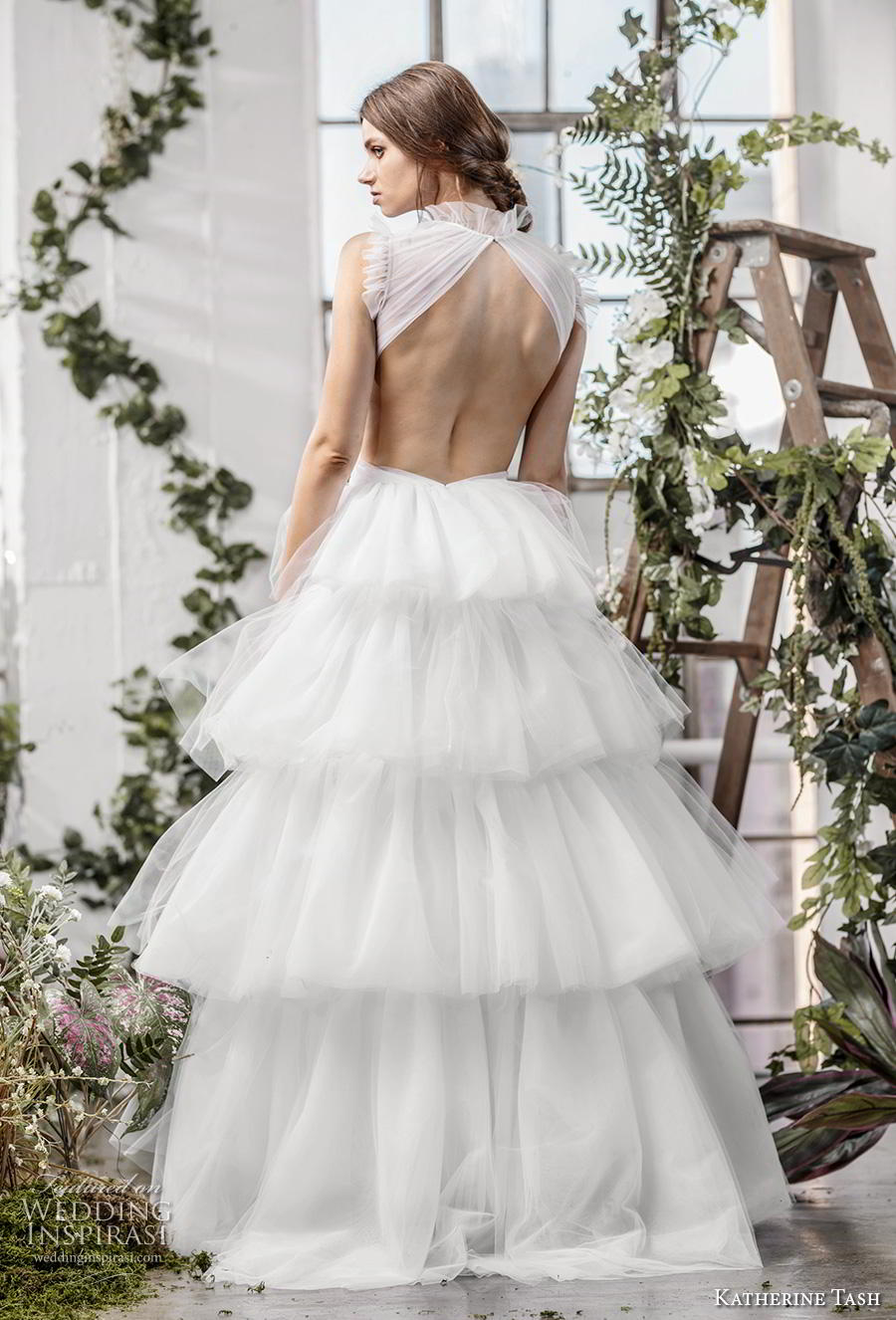 katherine tash fall 2019 bridal sleeveless high neck keyhole ruched bodice tiered skirt romantic ball gown a  line wedding dress keyhole back sweep train (12) bv