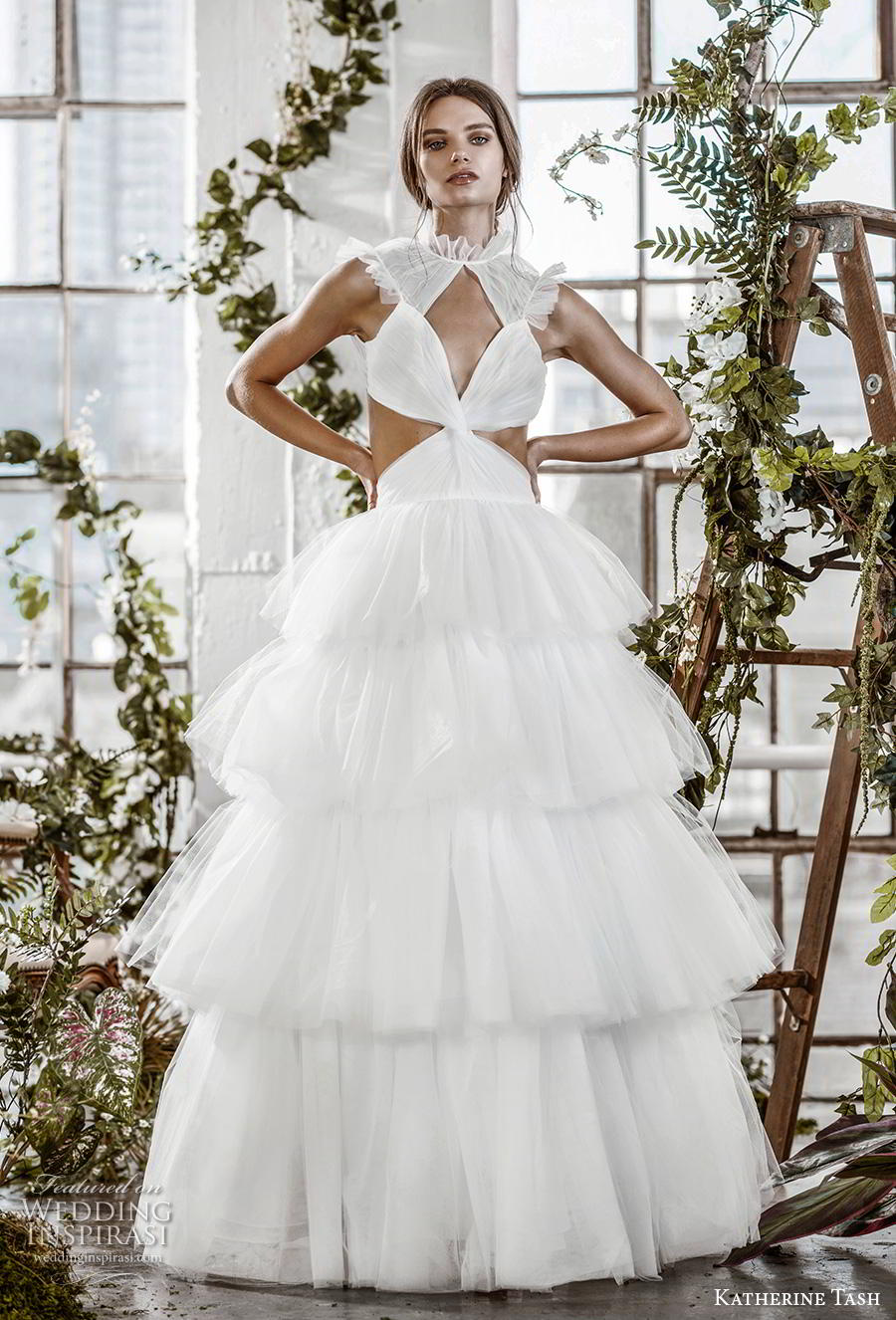 katherine tash fall 2019 bridal sleeveless high neck keyhole ruched bodice tiered skirt romantic ball gown a  line wedding dress keyhole back sweep train (12) mv