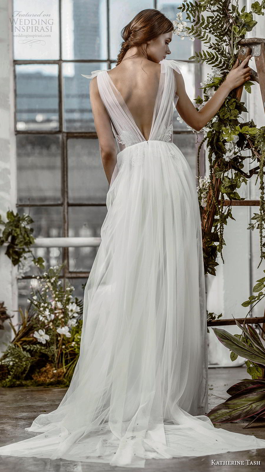 katherine tash fall 2019 bridal sleeveless illusion bateau v neck ruched embellished bodice romantic soft a  line wedding dress open v back chapel train (9) bv 