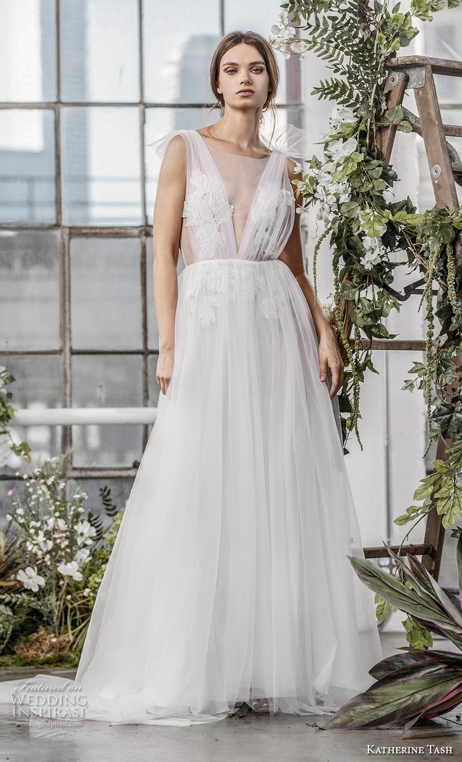 katherine tash fall 2019 bridal sleeveless illusion bateau v neck ruched embellished bodice romantic soft a  line wedding dress open v back chapel train (9) mv 