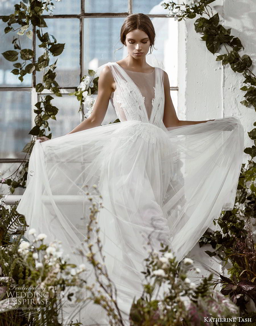 katherine tash fall 2019 bridal sleeveless illusion bateau v neck ruched embellished bodice romantic soft a  line wedding dress open v back chapel train (9) mv