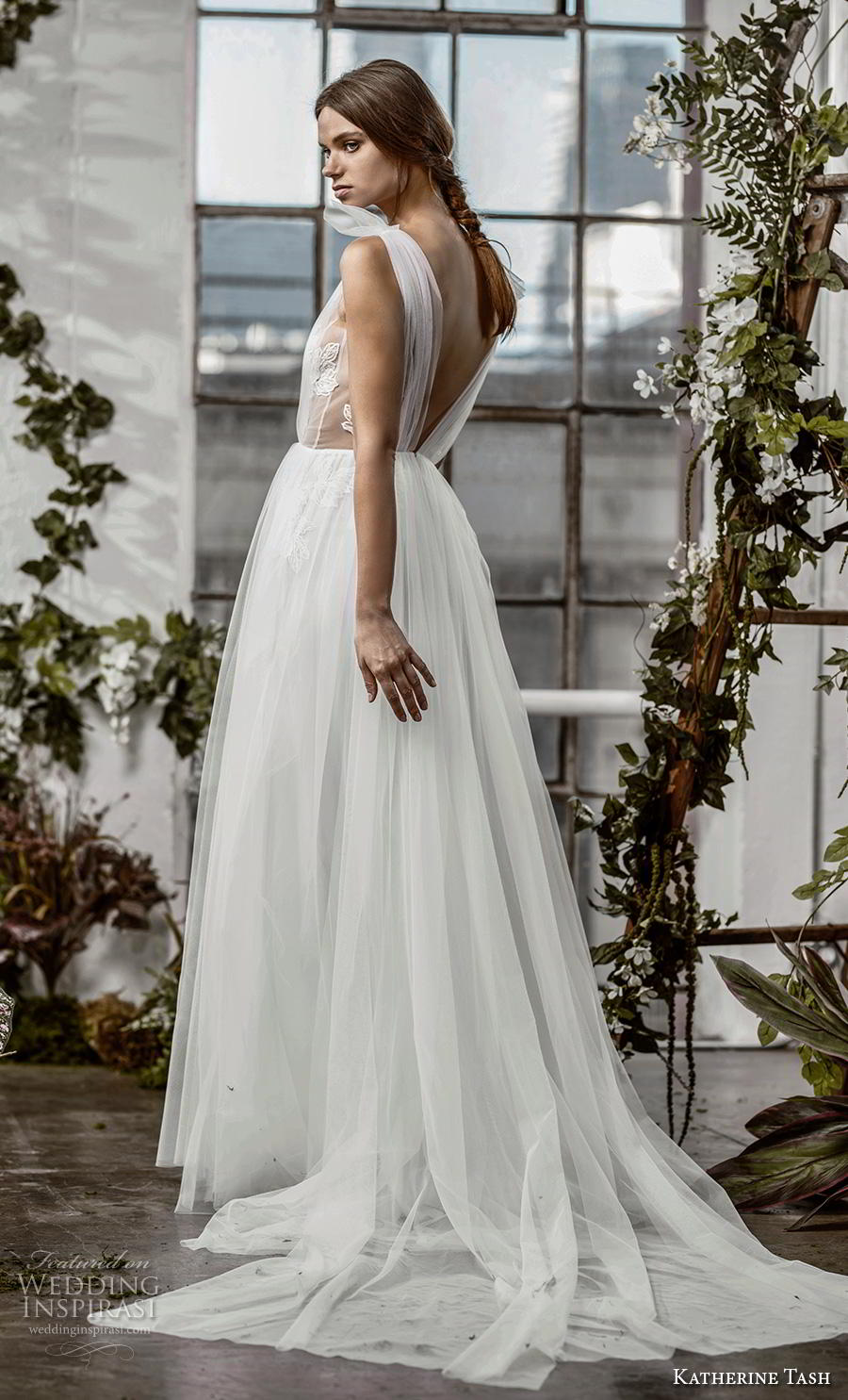 katherine tash fall 2019 bridal sleeveless illusion bateau v neck ruched embellished bodice romantic soft a  line wedding dress open v back chapel train (9) sdv 