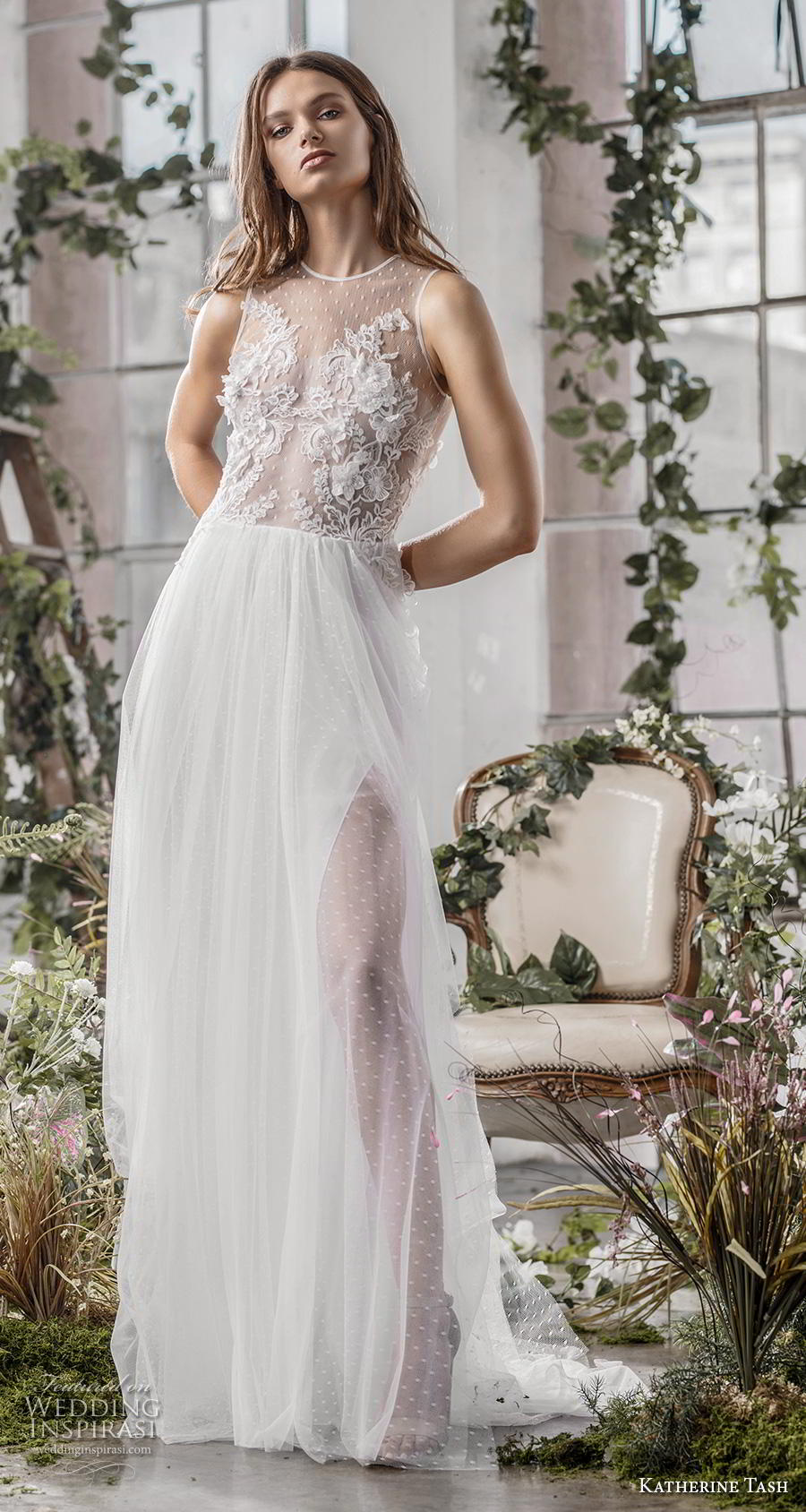 katherine tash fall 2019 bridal sleeveless jewel neck heavily embellished bodice tulle slit skirt romantic soft a  line wedding dress (2) mv