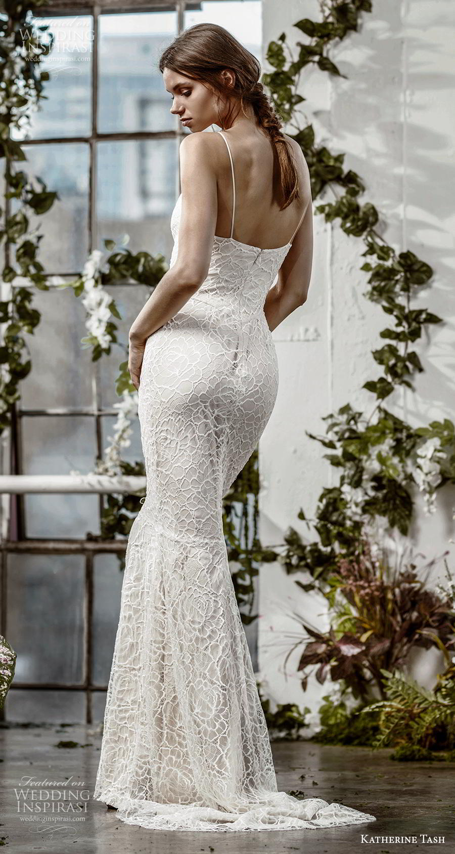 katherine tash fall 2019 bridal sleeveless spaghetti strap diamond neckline full embellishment elegant blush sheath fit and flare wedding dress sweep train (8) bv