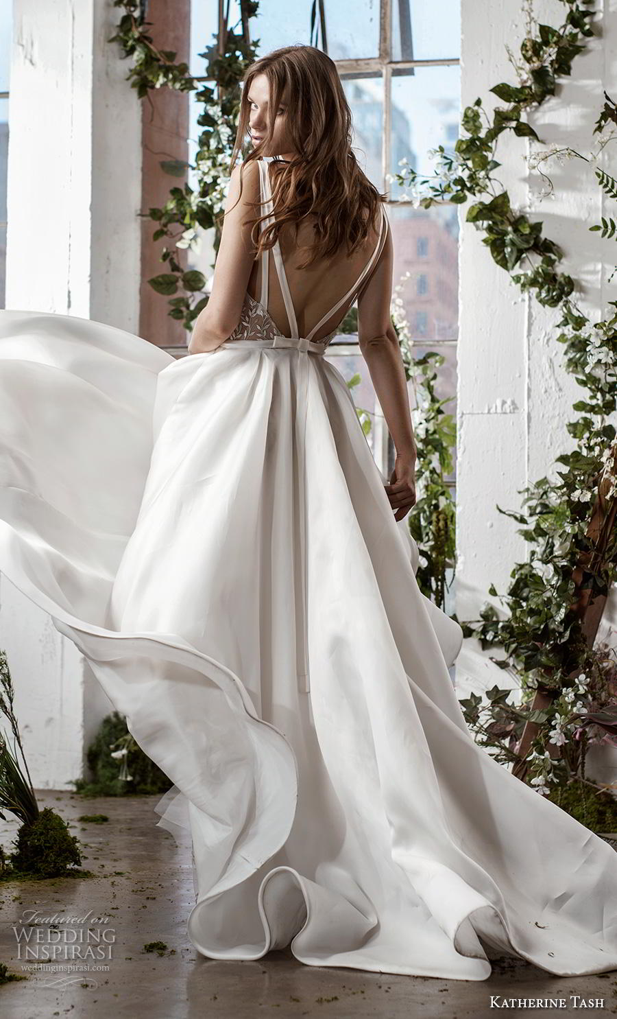 katherine tash fall 2019 bridal sleeveless v neck full embellishment slit skirt elegant sexy sheath wedding dress a  line overskirt backless v back chapel train (3) bv