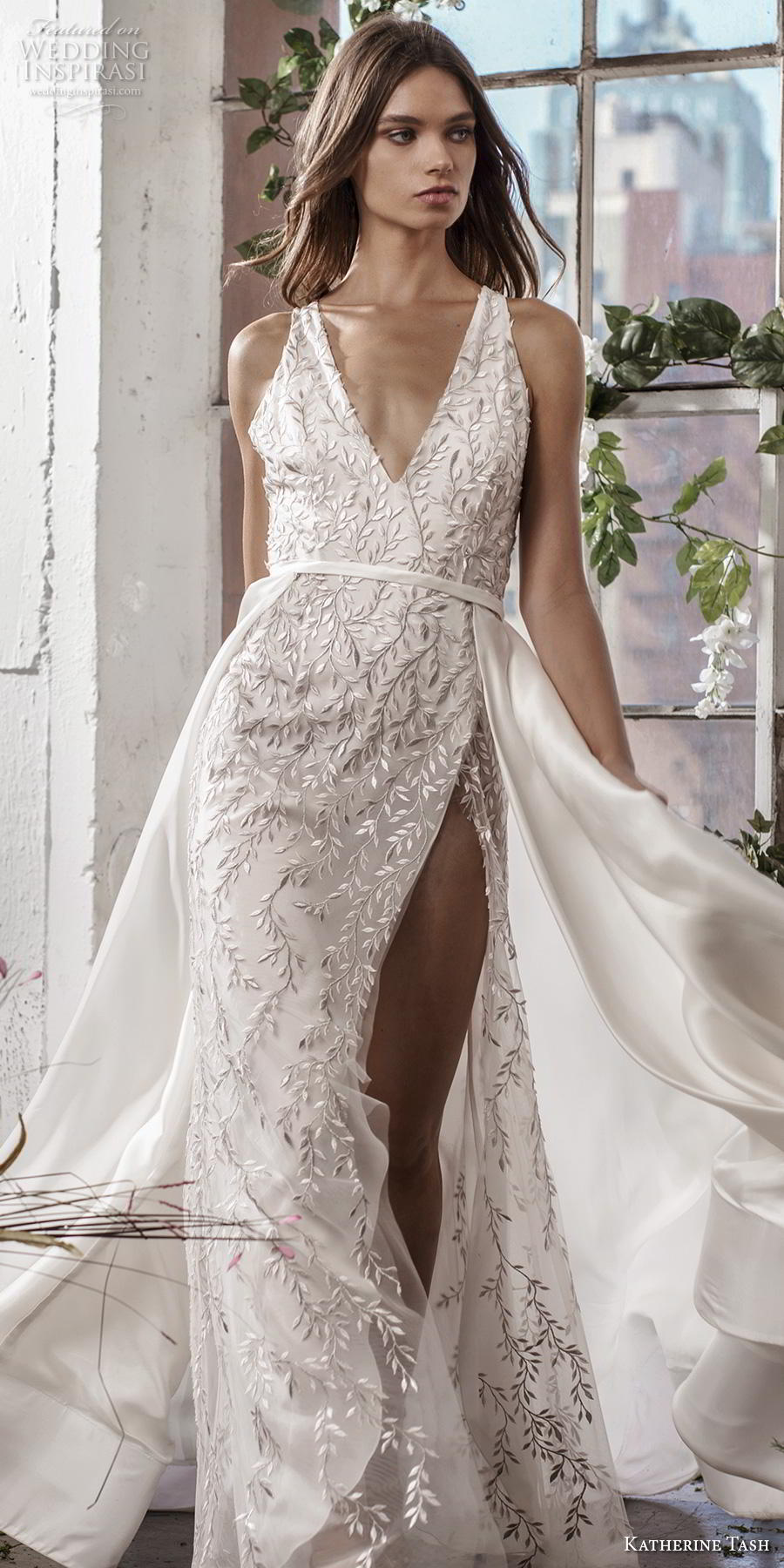 katherine tash fall 2019 bridal sleeveless v neck full embellishment slit skirt elegant sexy sheath wedding dress a  line overskirt backless v back chapel train (3) lv