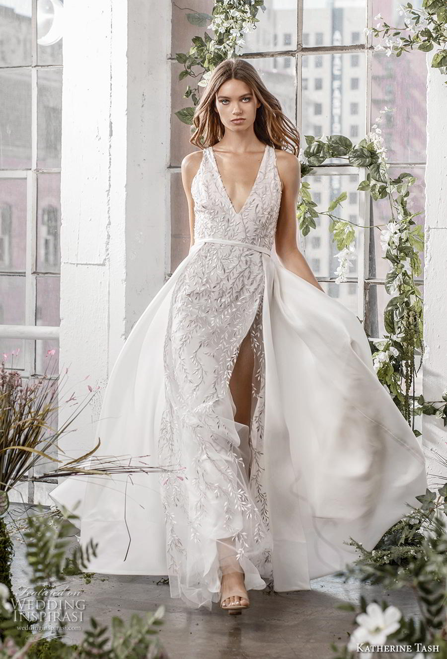 katherine tash fall 2019 bridal sleeveless v neck full embellishment slit skirt elegant sexy sheath wedding dress a  line overskirt backless v back chapel train (3) mv