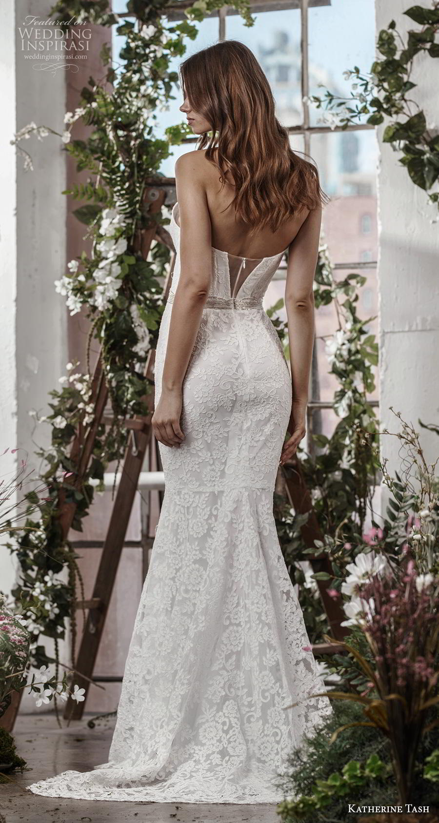 katherine tash fall 2019 bridal strapless deep plunging sweetheart neckline full embellishment elegant fit and flare sheath wedding dress mid back sweep back (7) bv