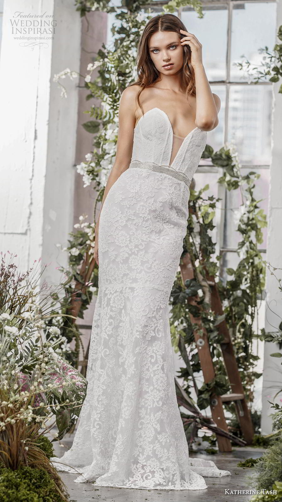 katherine tash fall 2019 bridal strapless deep plunging sweetheart neckline full embellishment elegant fit and flare sheath wedding dress mid back sweep back (7) mv