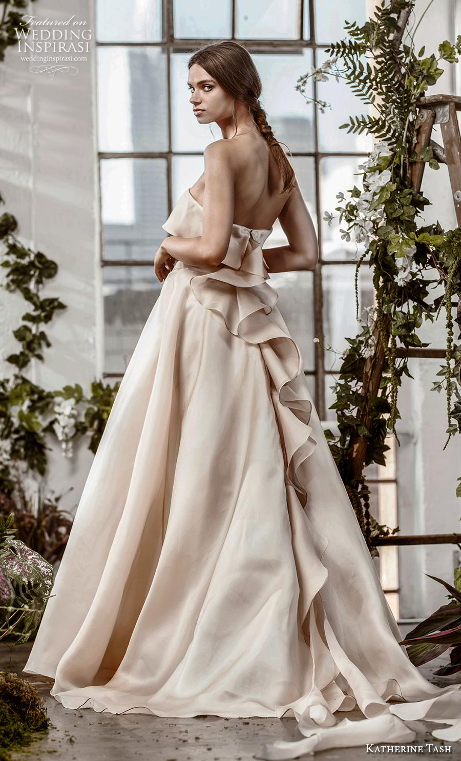 katherine tash fall 2019 bridal strapless straight across neckline simple modern champagn a  line wedding dress sweep train (13) bv