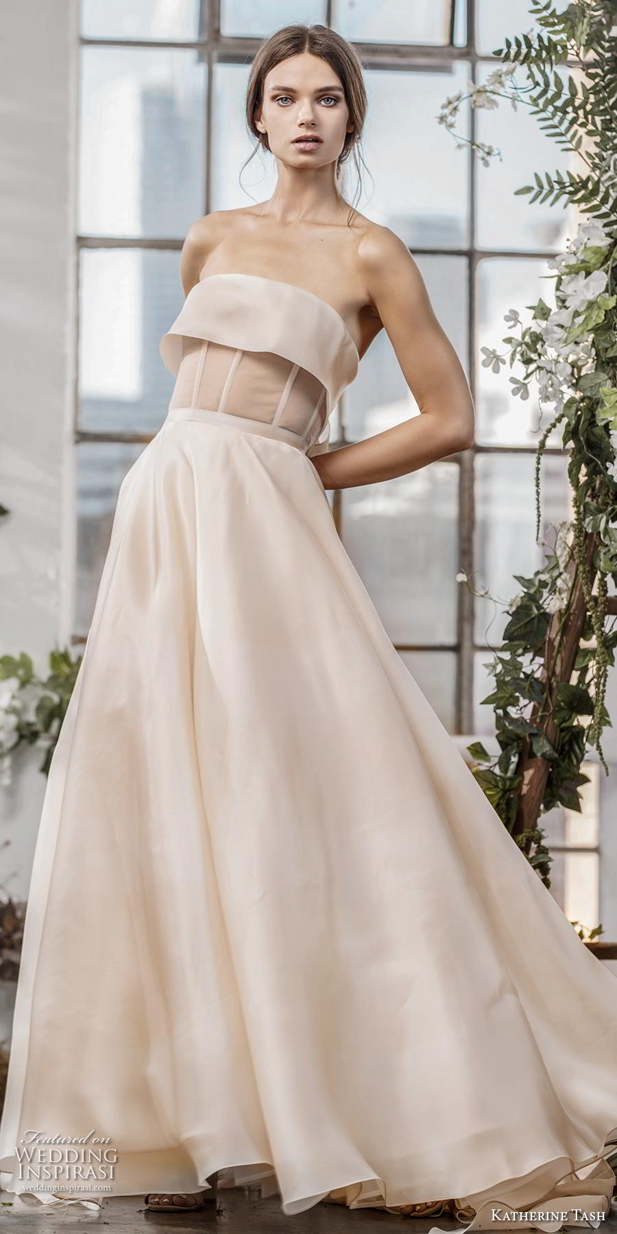 katherine tash fall 2019 bridal strapless straight across neckline simple modern champagn a  line wedding dress sweep train (13) lv