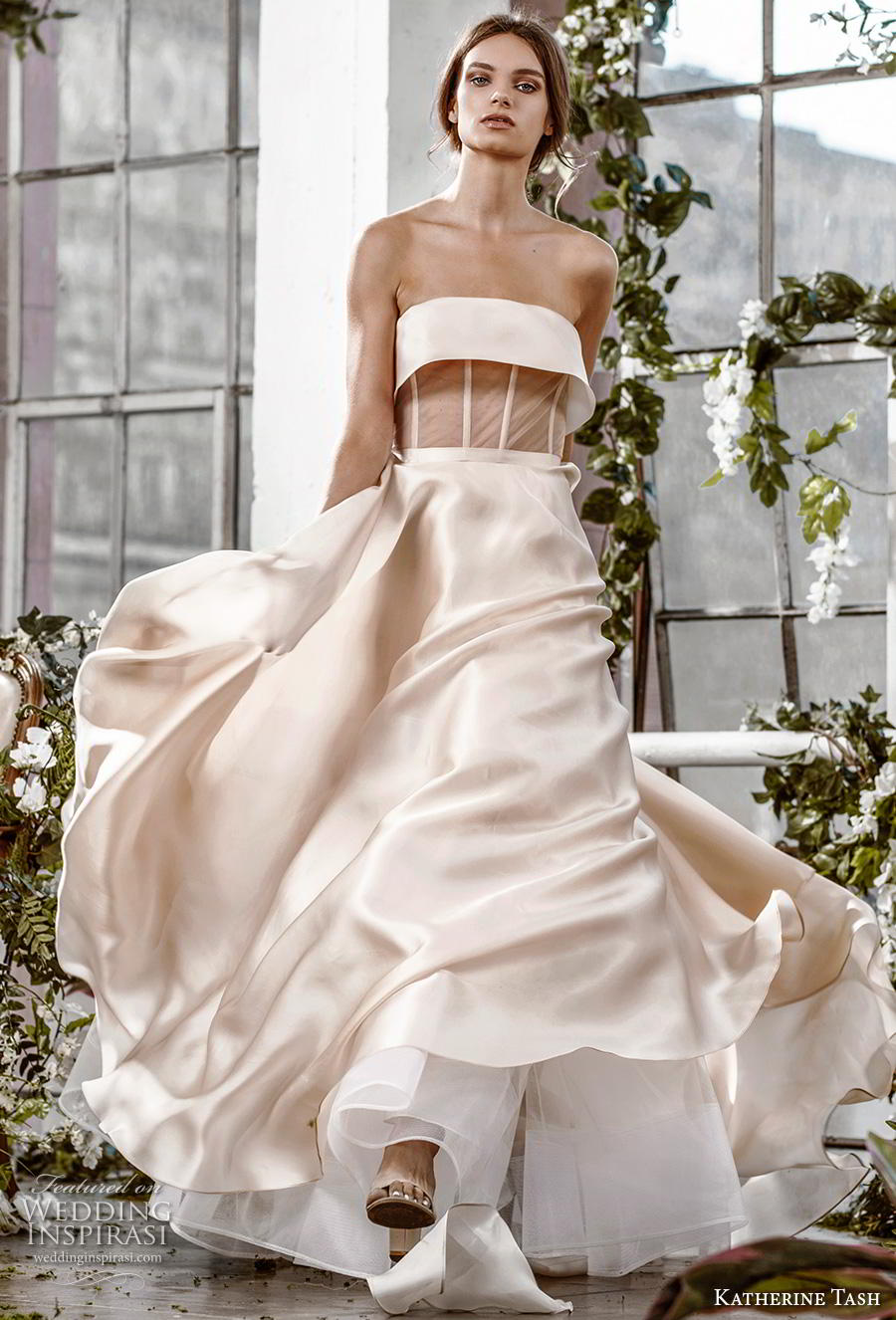 katherine tash fall 2019 bridal strapless straight across neckline simple modern champagn a  line wedding dress sweep train (13) mv 