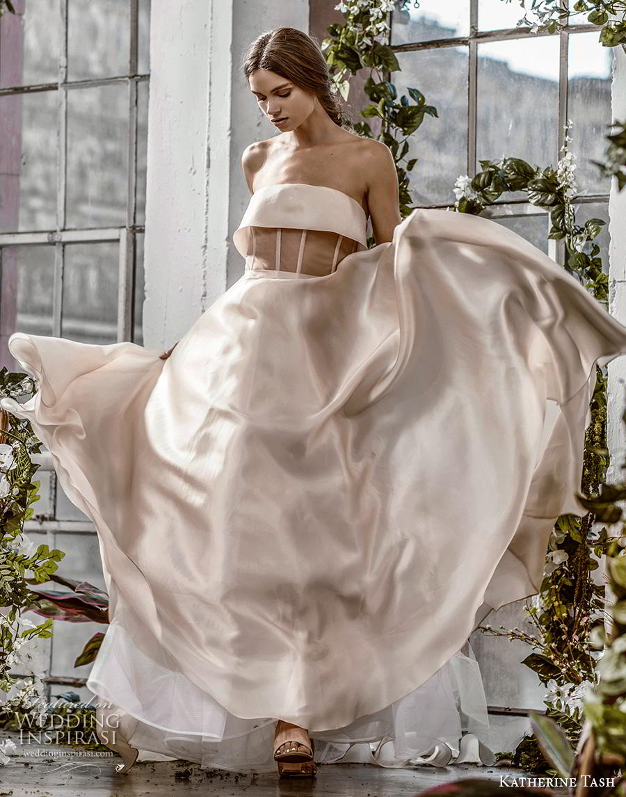 katherine tash fall 2019 bridal strapless straight across neckline simple modern champagn a  line wedding dress sweep train (13) mv