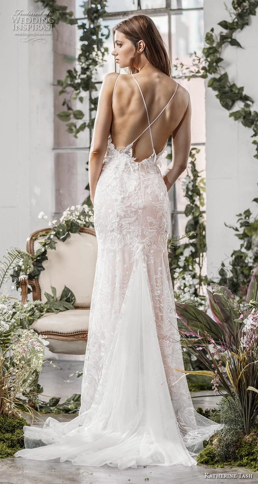 katherine tash fall 2019 bridal thin strap v neck full embellishment romantic blush fit and flare wedding dress cross strap medium train (6) bv