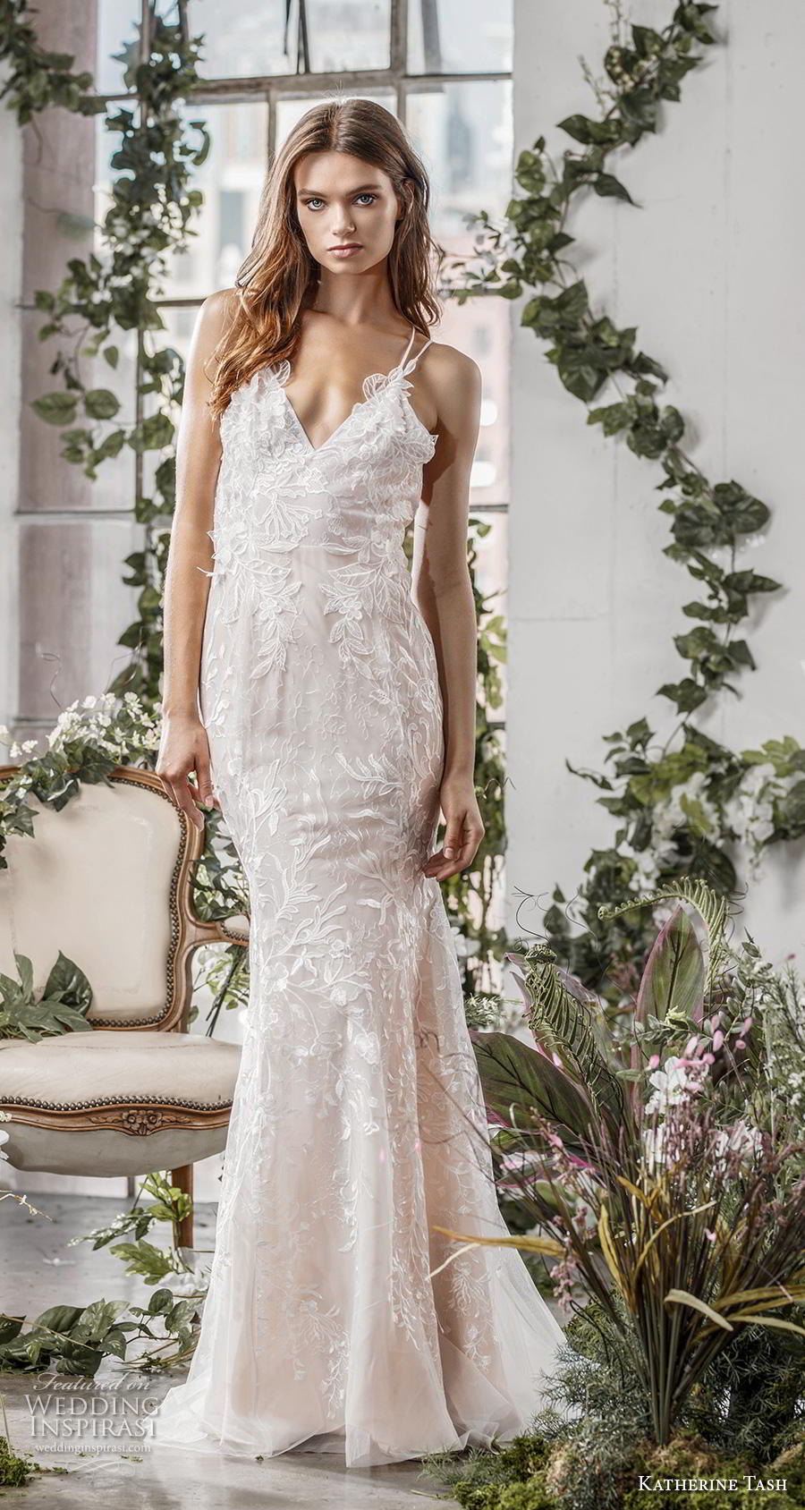 katherine tash fall 2019 bridal thin strap v neck full embellishment romantic blush fit and flare wedding dress cross strap medium train (6) mv