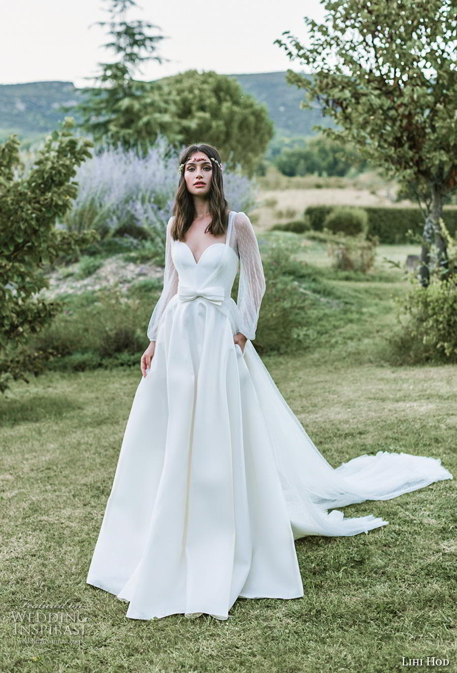 lihi hod 2019 bridal long bishop sleeves sweetheart neckline simple minimalist ribbon waist romantic a  line wedding dress pockets royal train (7) mv