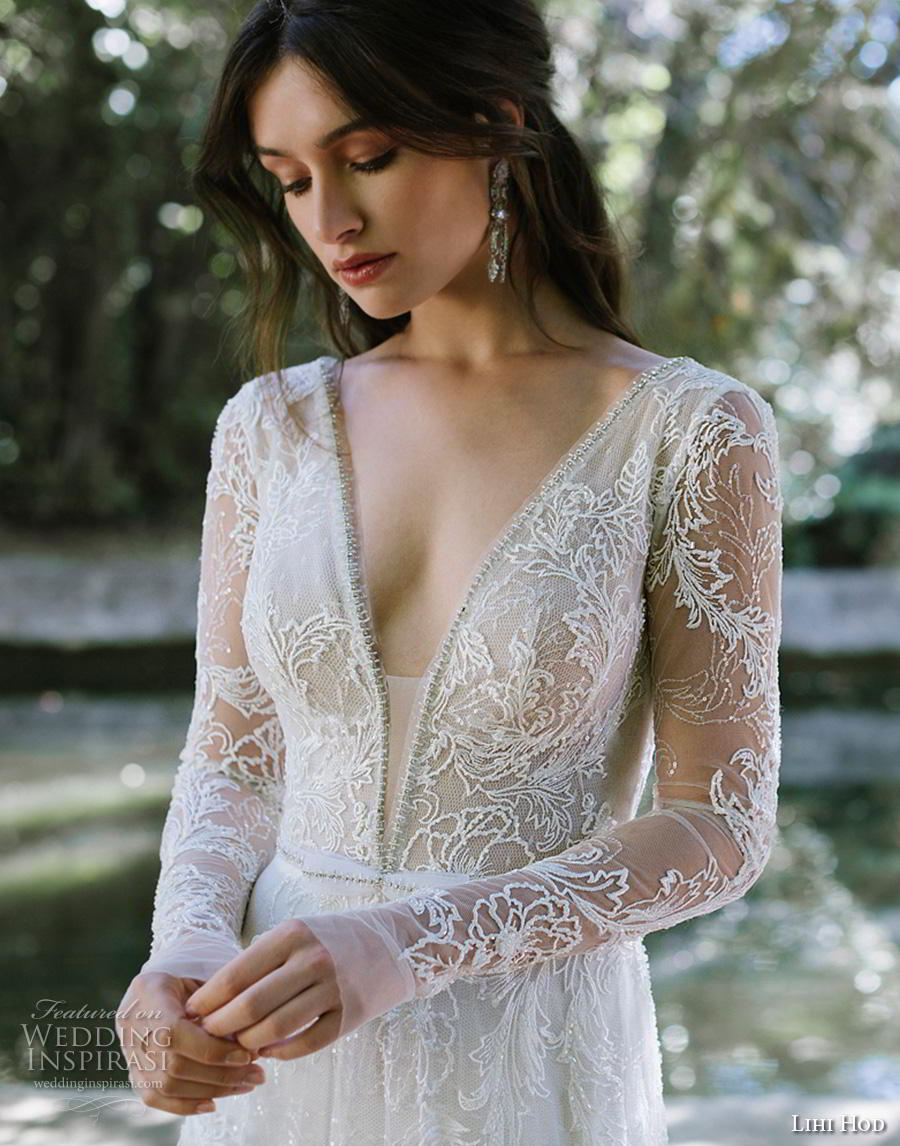 lihi hod 2019 bridal long sleeves deep v neck full embellishment lace elegant modified a  line wedding dress backless v back medium train (1) zv 