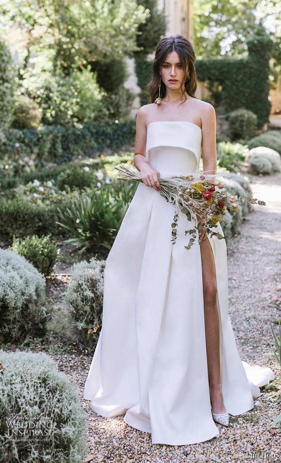 lihi hod 2019 bridal strapless straight across neckline simple minimalist slit skirt elegant a  line wedding dress chapel train (10) mv