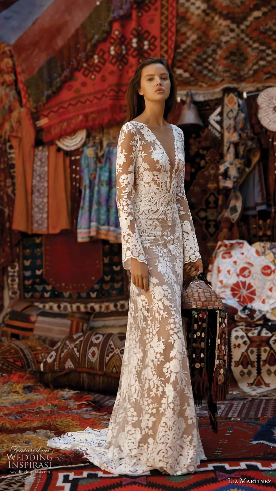 liz martinez 2019 cappadocia bridal long sleeves deep v neck full embellishment elegant fit and flare sheath wedding dress backless medium train (4) mv