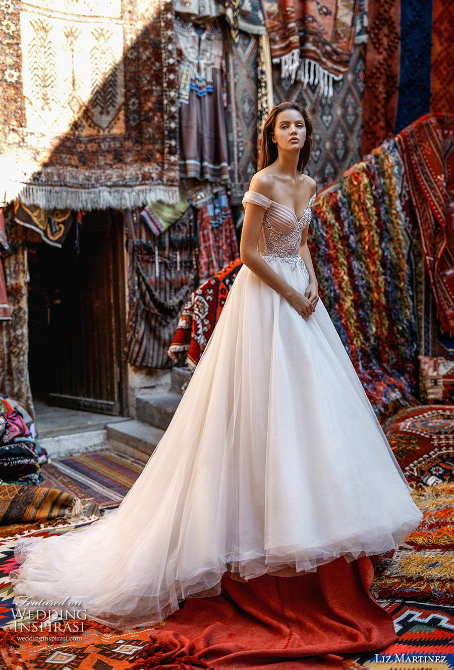 liz martinez 2019 cappadocia bridal off the shoulder sweetheart neckline heavily embellished bodice romantic a  line wedding dress chapel train (5) mv