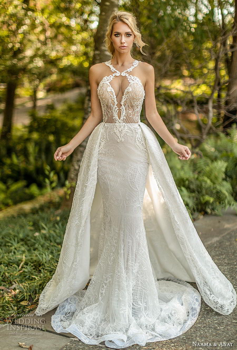 naama anat fall 2019 couture bridal sleeveless halter neck keyhole bodice full embellishment elegant sexy fit and flare wedding dress a  line overskirt low open back chapel train (6) mv