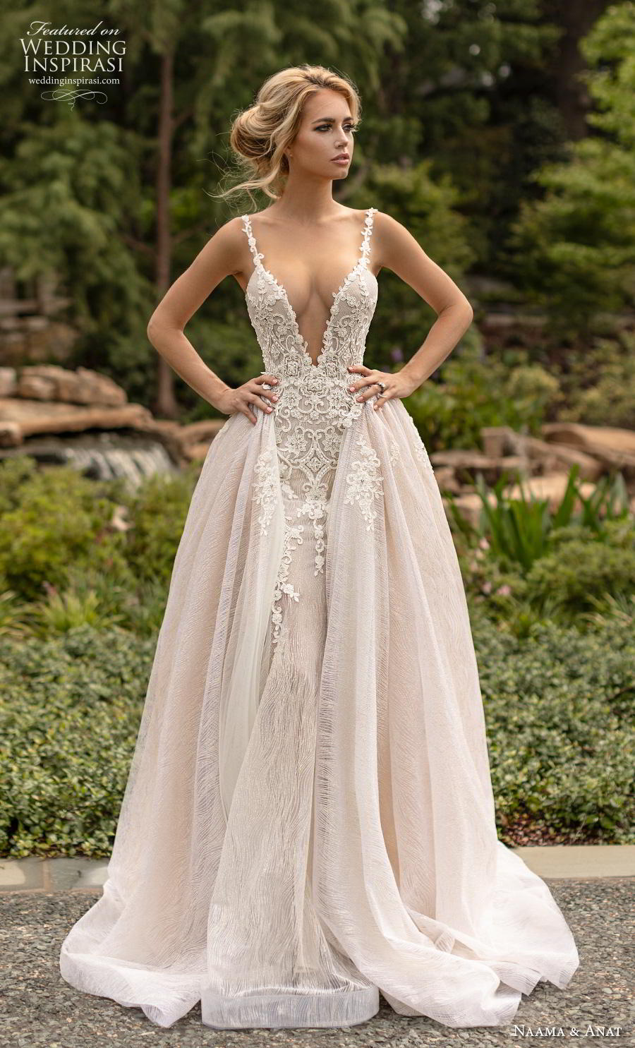 naama anat fall 2019 couture bridal sleeveless thin strap deep v neck heavily embellished bodice elegant fit and flare wedding dress a  line overskirt open low back backless chapel train (2) fv