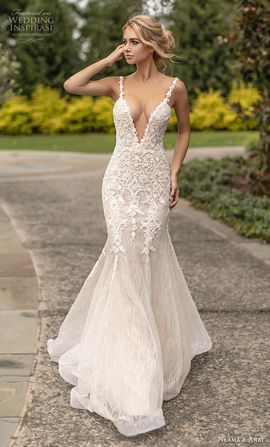 naama anat fall 2019 couture bridal sleeveless thin strap deep v neck heavily embellished bodice elegant fit and flare wedding dress open low back backless chapel train (2) mv