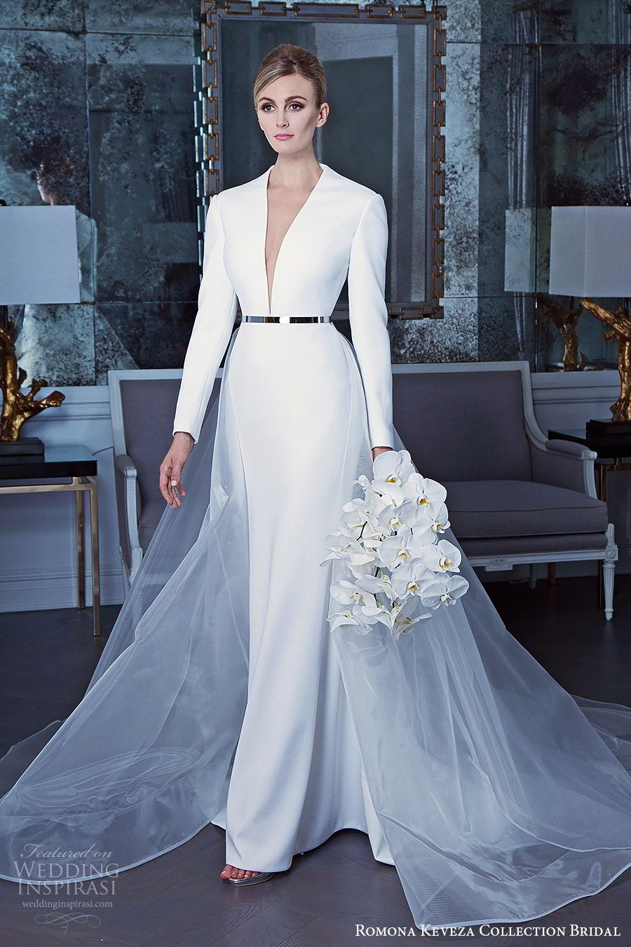 romona keveza fall 2019 bridal long sleeves deep v neckline belt sheath wedding dress a line sheer overskirt clean elegant minimal modern (6) mv