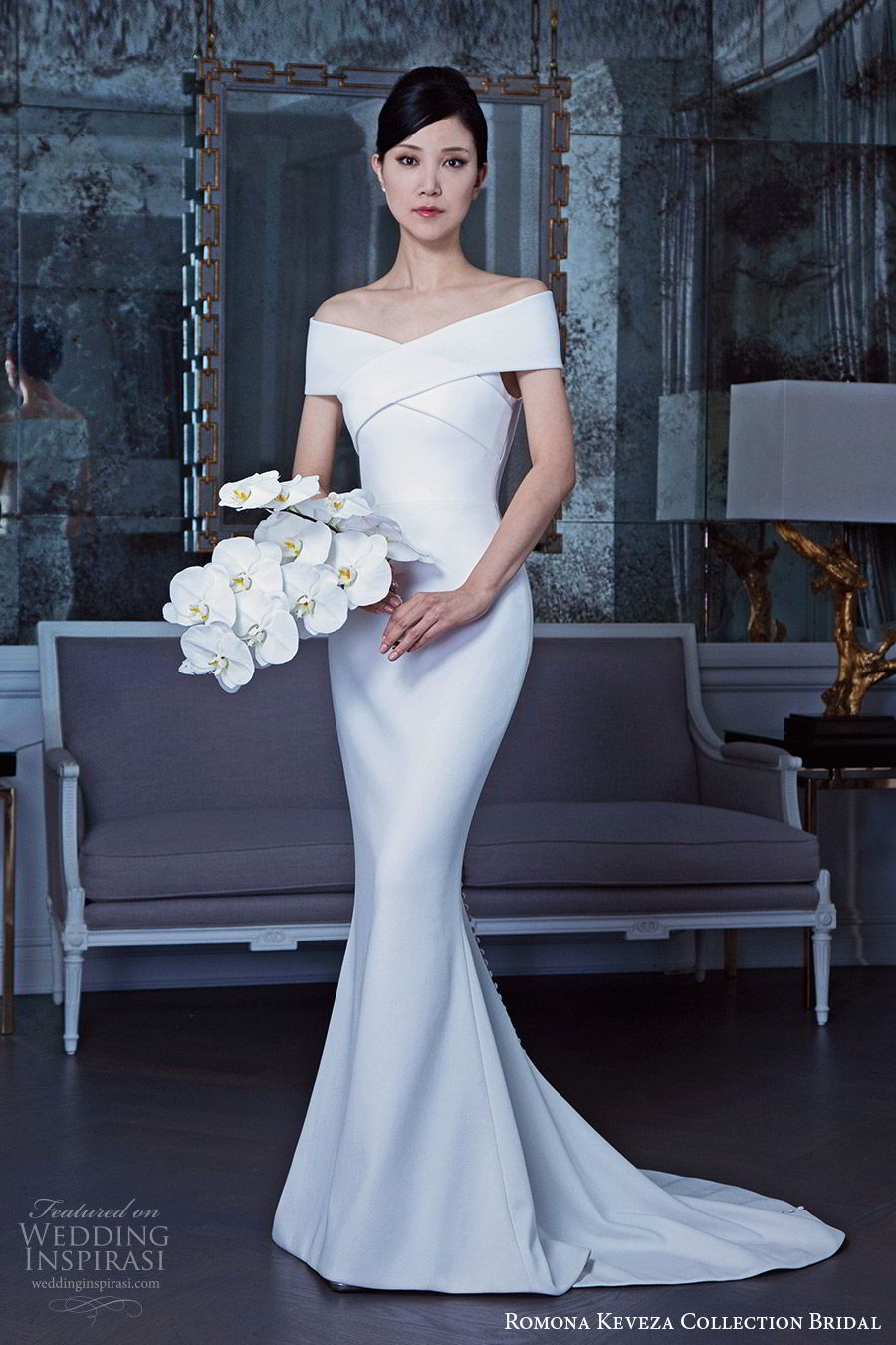 romona keveza fall 2019 bridal off shoulder short sleeves crossover bodice sheath mermaid wedding dress sweep train clean minimal modern (4) mv