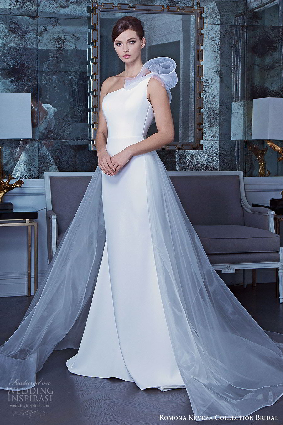 romona keveza fall 2019 bridal sleeveless one shoulder sheath wedding dress a line sheer overskirt chapel train minimalist clean chic elegant (5) mv