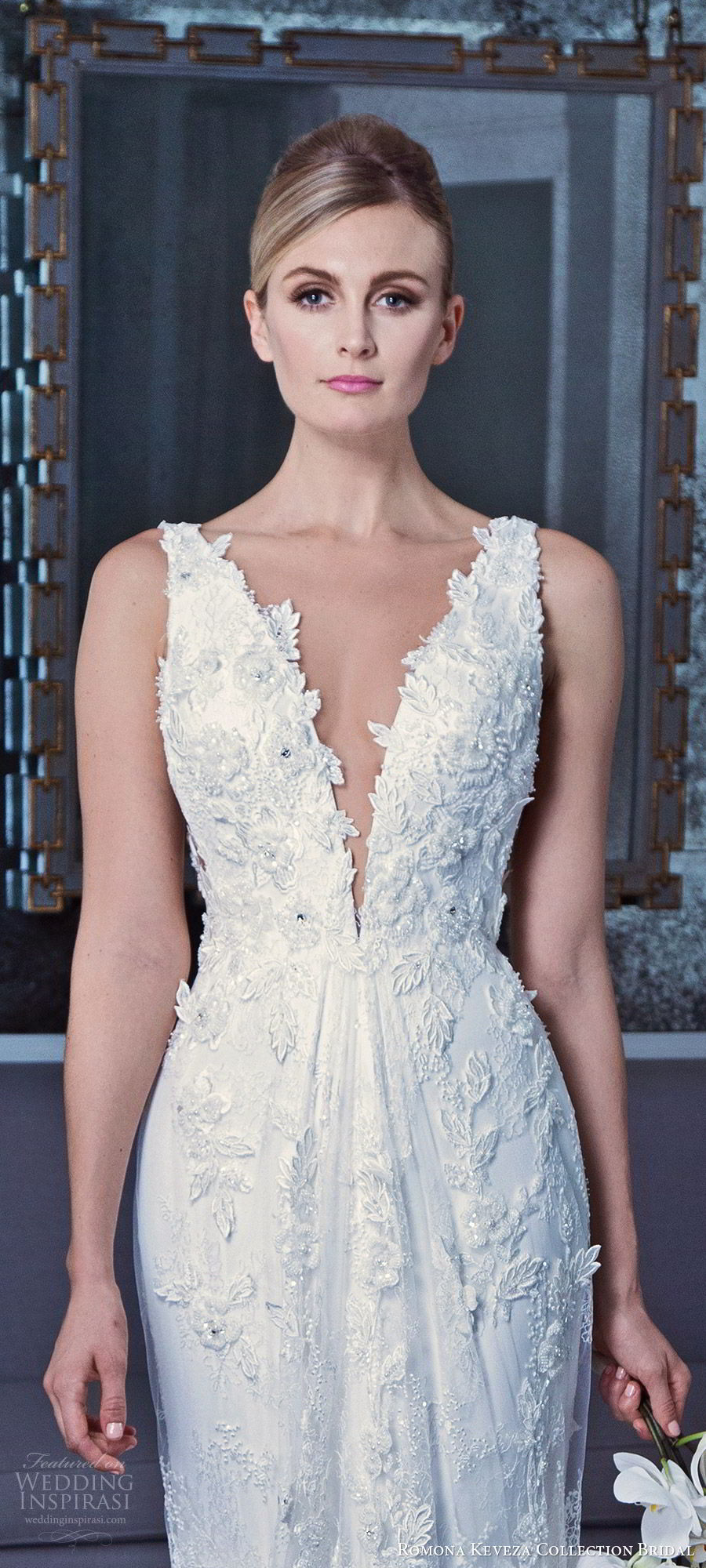 romona keveza fall 2019 bridal sleeveless thick straps plunging v neckline heavily embellished lace sheath wedding dress chapel train elegant romantic (1) zv