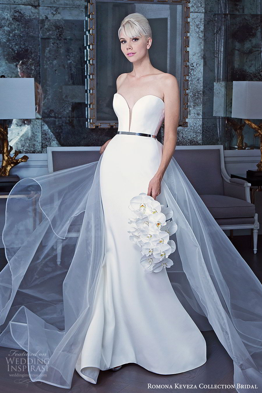 romona keveza fall 2019 bridal strapless sweetheart neckline trumpet sheath wedding dress sheer overskirt  belt minimalist clean modern (2) mv