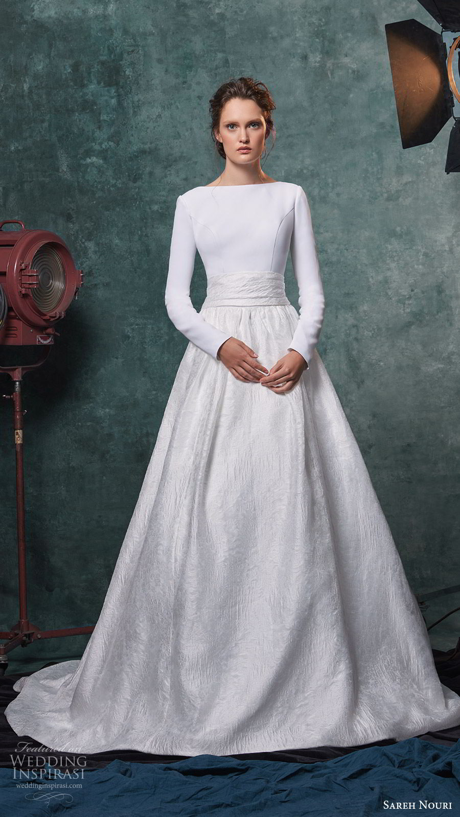 sareh nouri fall 2019 bridal long sleeves bateau neckline clean bodice a line ball gown skirt cathedral train modern elegant (10) mv