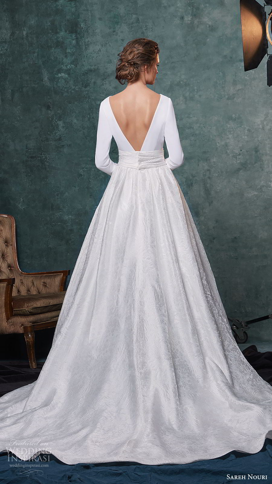 sareh nouri fall 2019 bridal long sleeves bateau neckline clean bodice a line ball gown skirt cathedral v back train modern elegant (10) bv