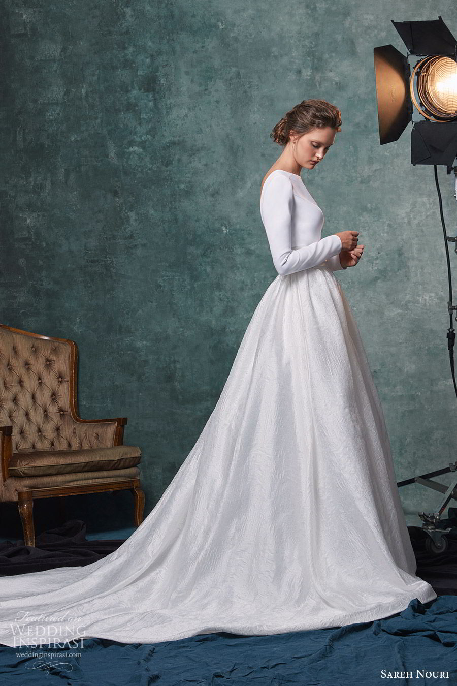 sareh nouri fall 2019 bridal long sleeves bateau neckline clean bodice a line ball gown skirt cathedral v back train modern elegant (10) sv