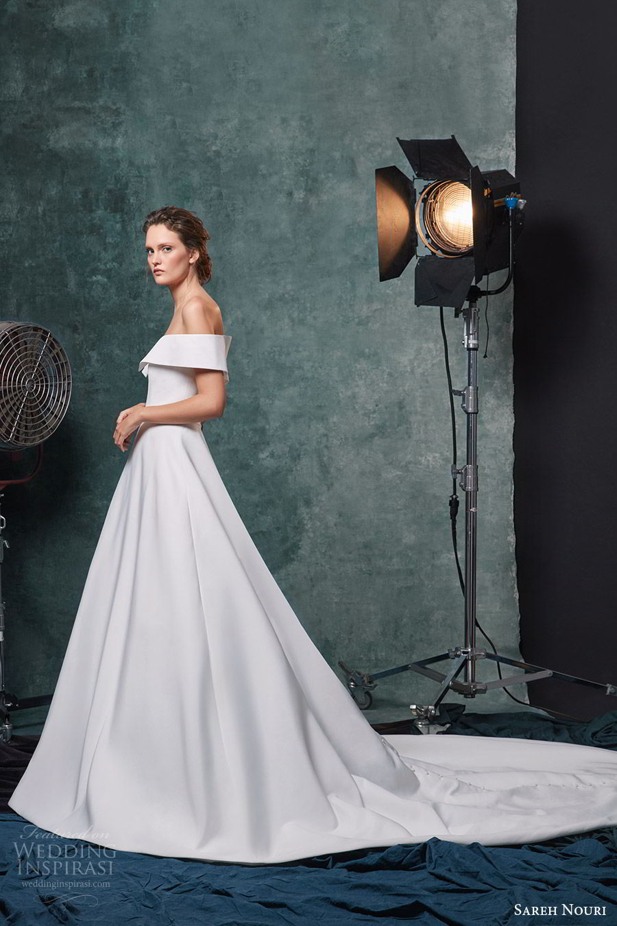 sareh nouri fall 2019 bridal off shoulder short sleeves straight across a line wedding dress chapel train clean minimal elegant (1) sv