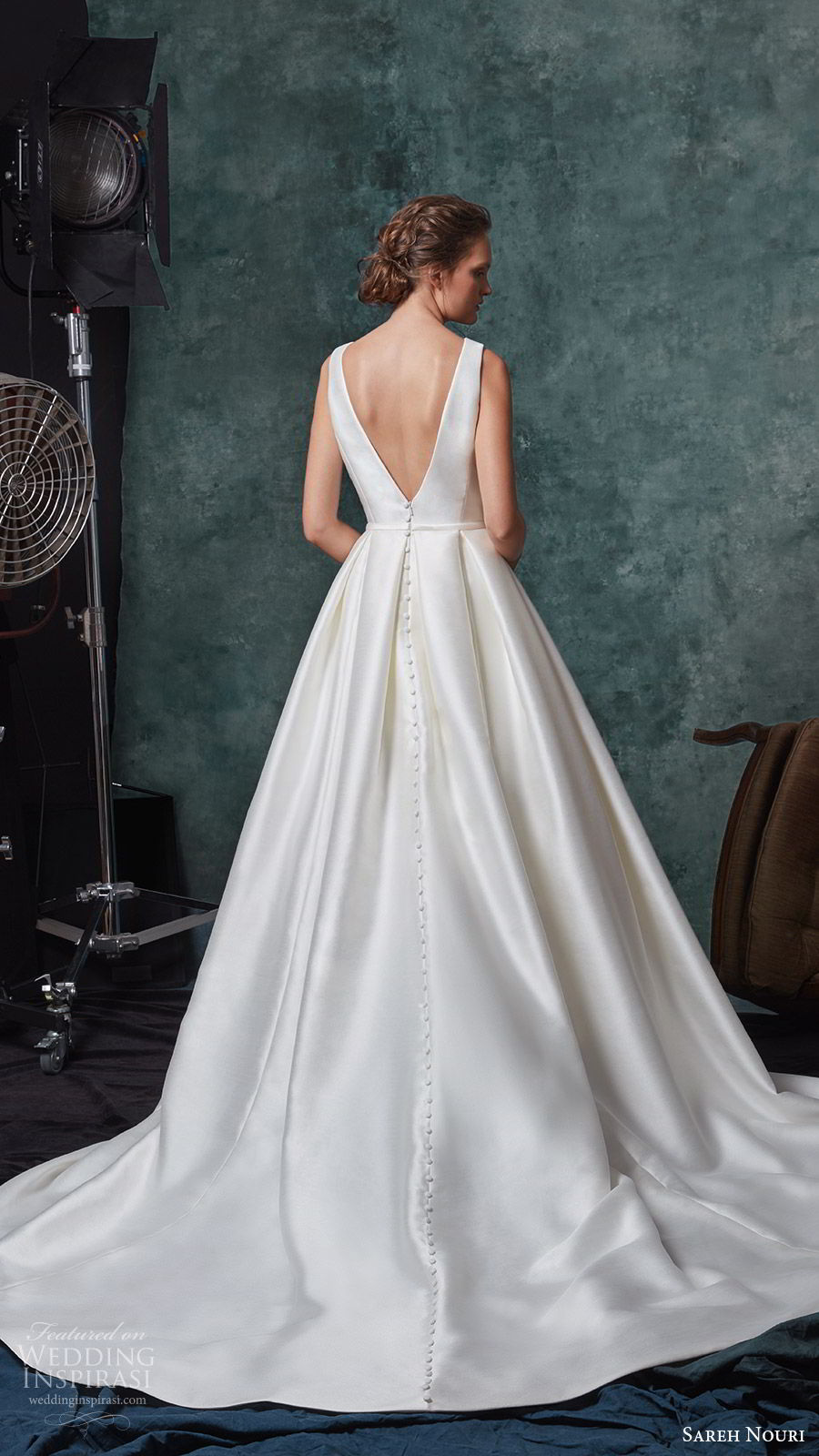 sareh nouri fall 2019 bridal off shoulder short sleeves straight across a line wedding dress chapel train vback clean minimal elegant (1) bv