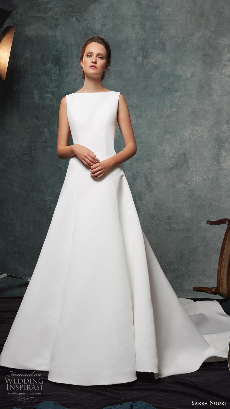 sareh nouri fall 2019 bridal sleeveless bateau neckline a line wedding dress chapel train clean minimal modern (4) mv