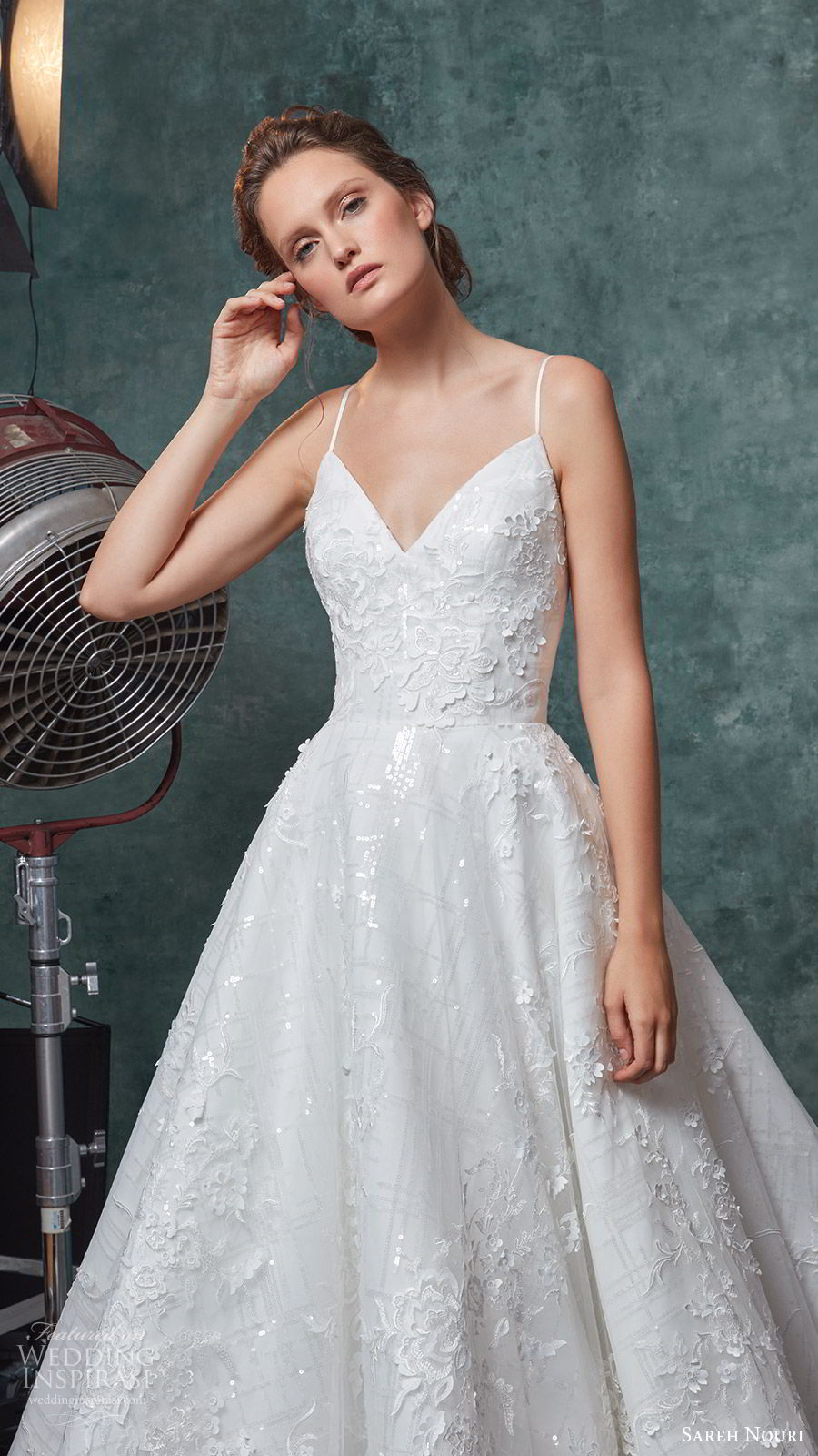 sareh nouri fall 2019 bridal sleeveless spaghetti straps v neckline heavily embellished a line ball gown wedding dress chapel train elegant romantic (7) zv