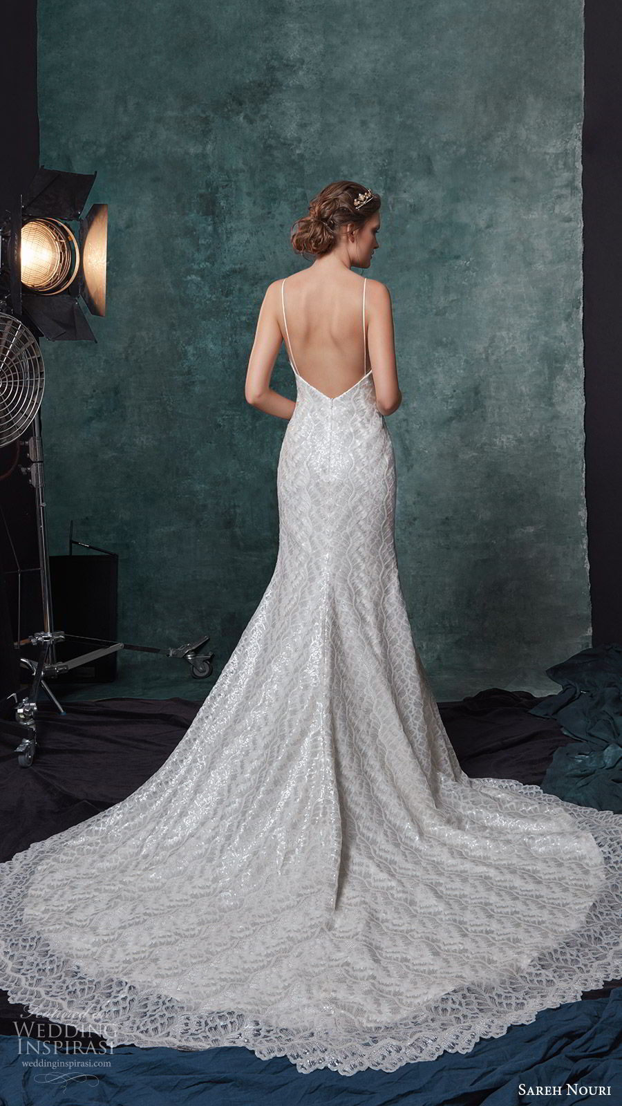 sareh nouri fall 2019 bridal sleeveless spaghetti straps v neckline heavily embellished sheath wedding dress chapel low back train elegant (3) bv