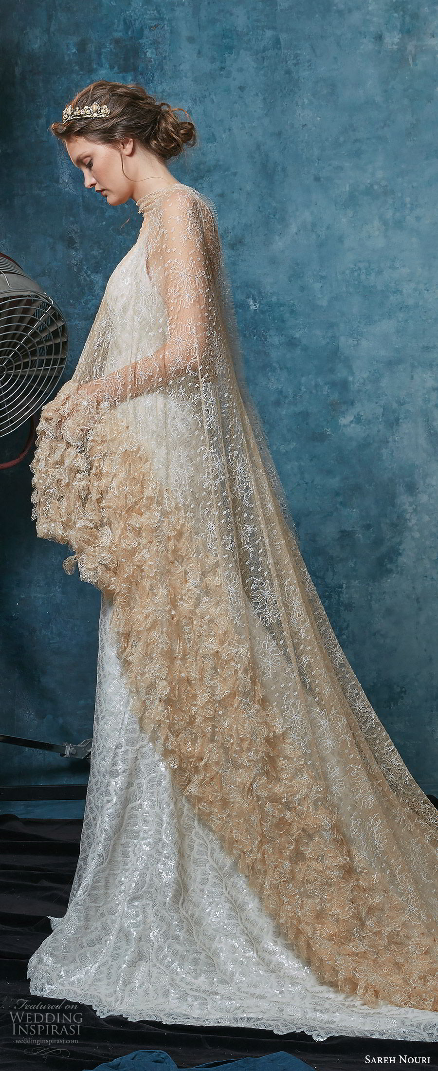 sareh nouri fall 2019 bridal sleeveless spaghetti straps v neckline heavily embellished sheath wedding dress chapel train cape elegant (3) sv 