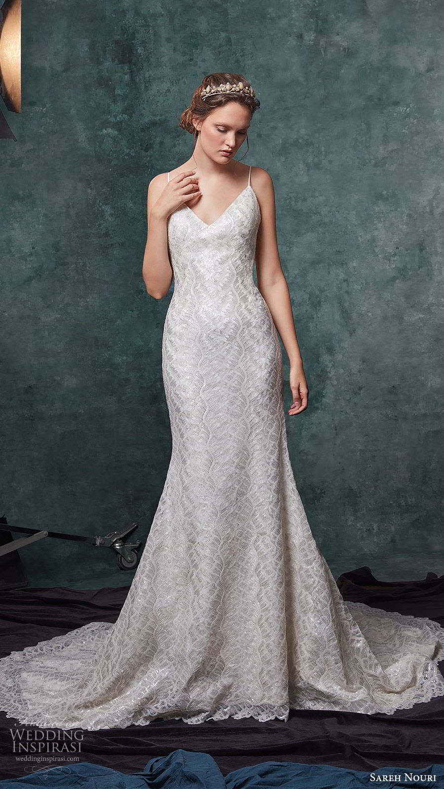 sareh nouri fall 2019 bridal sleeveless spaghetti straps v neckline heavily embellished sheath wedding dress chapel train elegant (3) mv