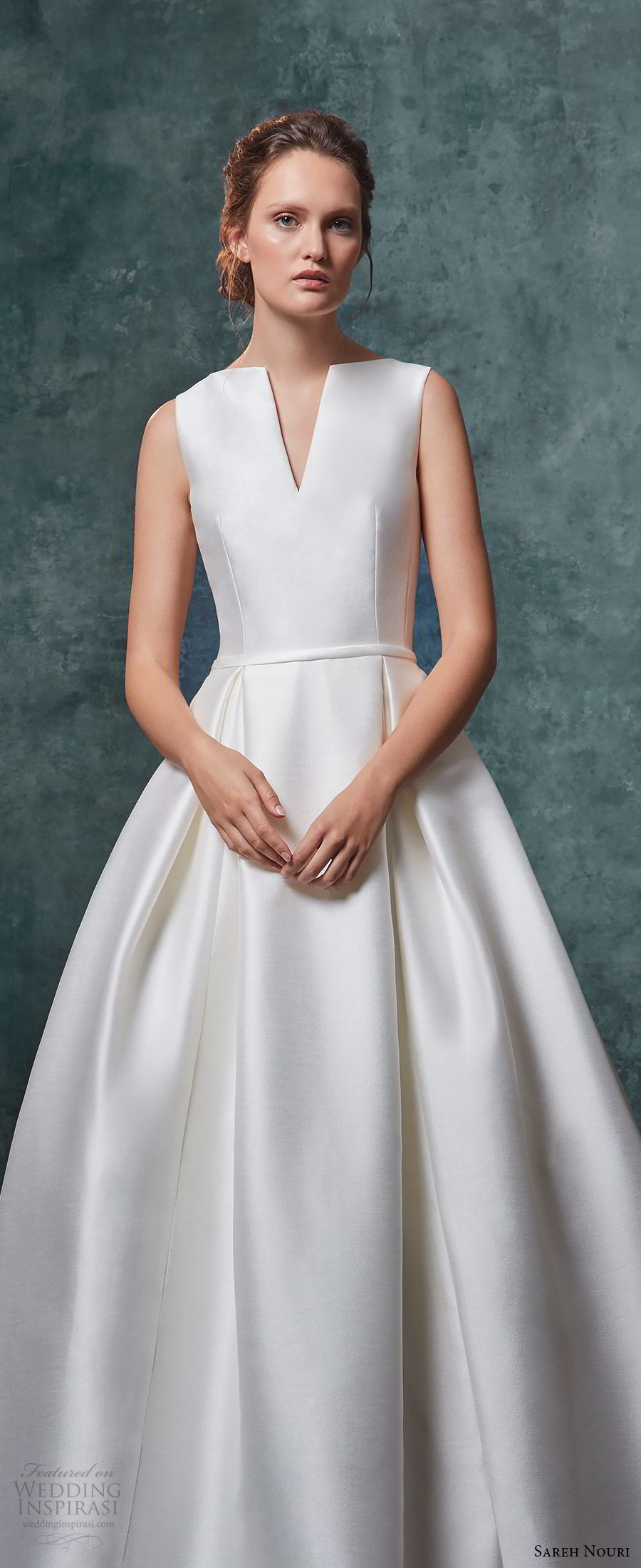 sareh nouri fall 2019 bridal sleeveless split neckline a line ball gown wedding dress chapel train minimal clean modern (2) zv