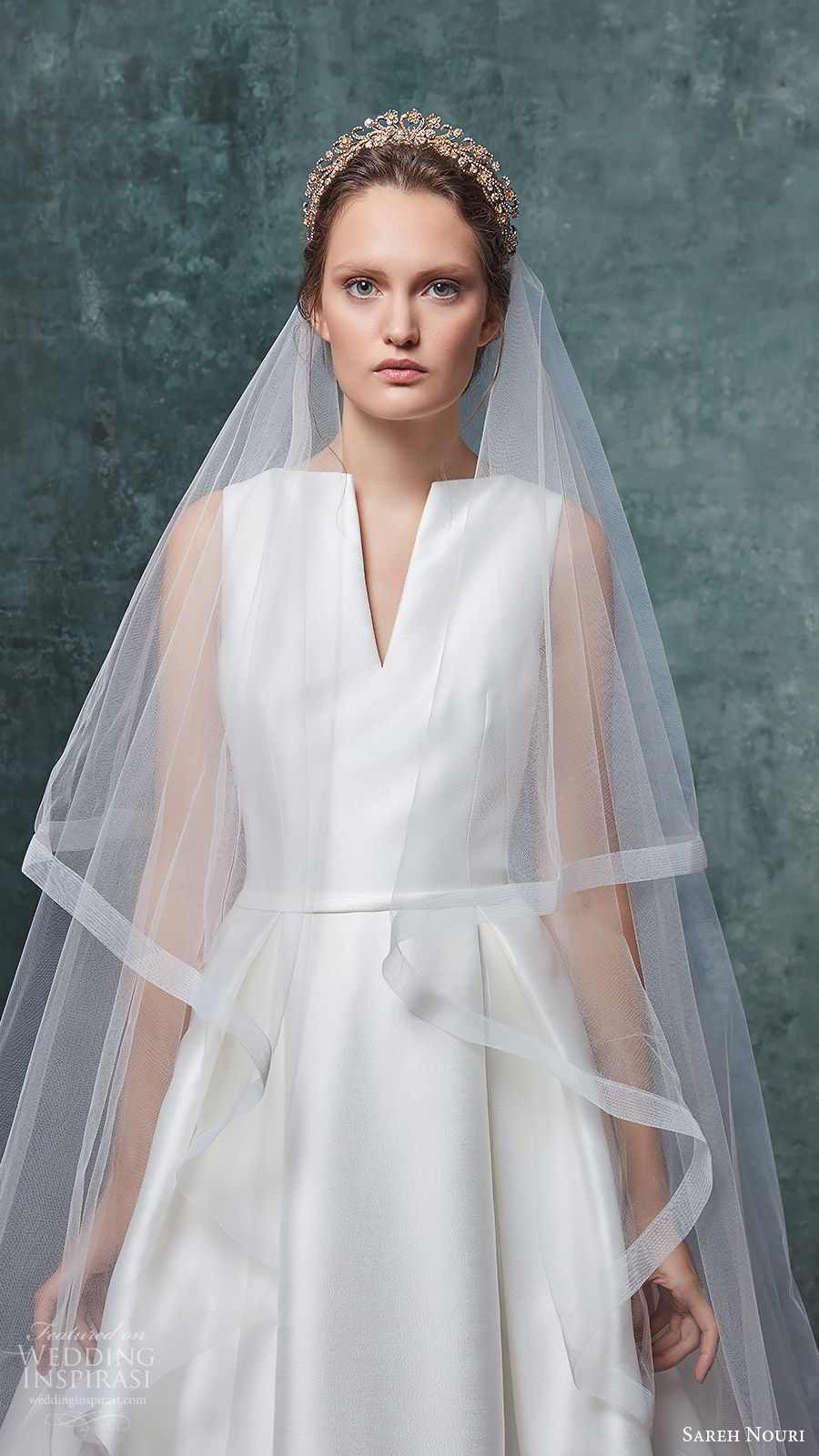 sareh nouri fall 2019 bridal sleeveless split neckline a line ball gown wedding dress chapel train veil minimal clean modern (2) zv