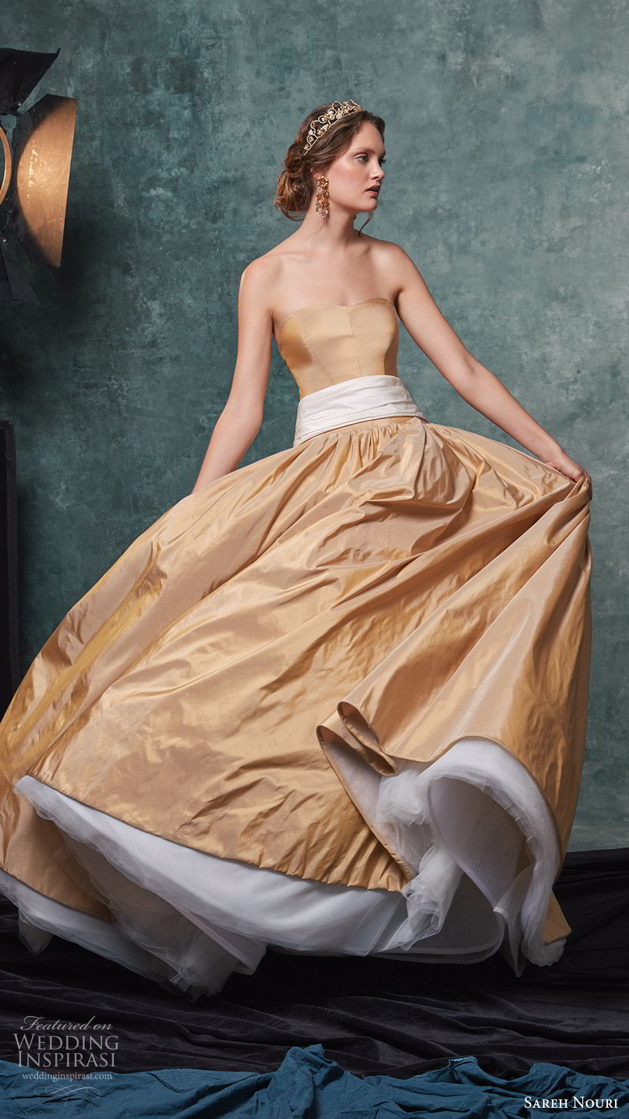 sareh nouri fall 2019 bridal strapless semi sweetheart ball gown wedding dress ankle length gold color (6) mv 