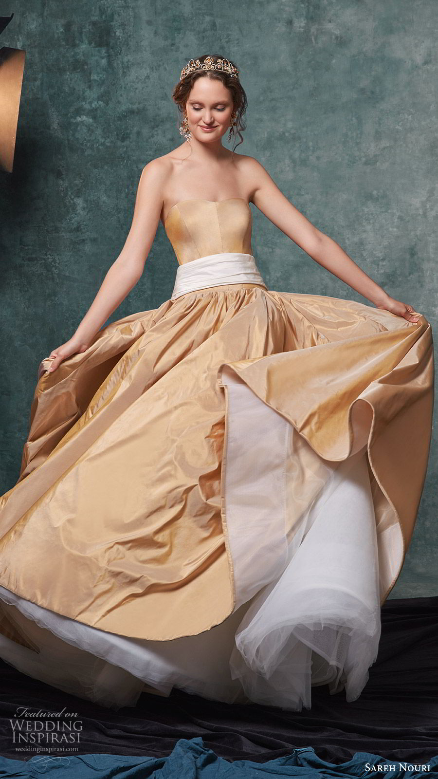 sareh nouri fall 2019 bridal strapless semi sweetheart ball gown wedding dress ankle length gold color (6) mv  