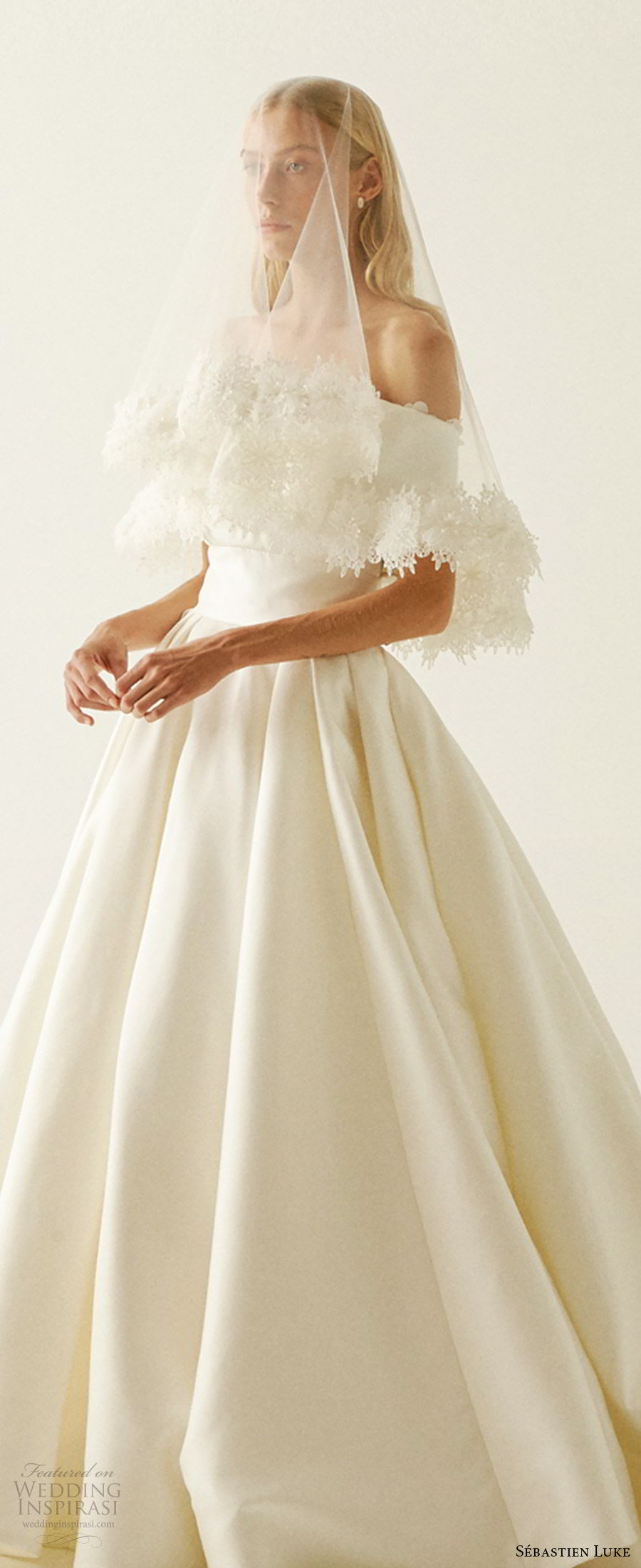 sebastien luke fall 2019 bridal off shoulder embellished straps sweetheart neckline ball gown wedding dress chapel train romantic modern simple veil (1) zv