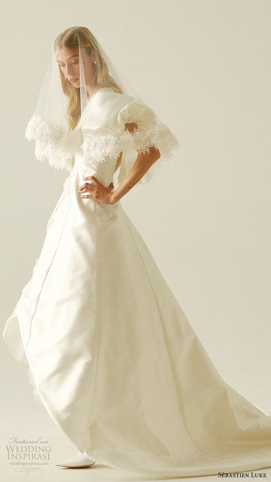 sebastien luke fall 2019 bridal short puff sleeves v neckline high low skirt a line wedding dress coat chapel trainmodern romantic veil (7) sv