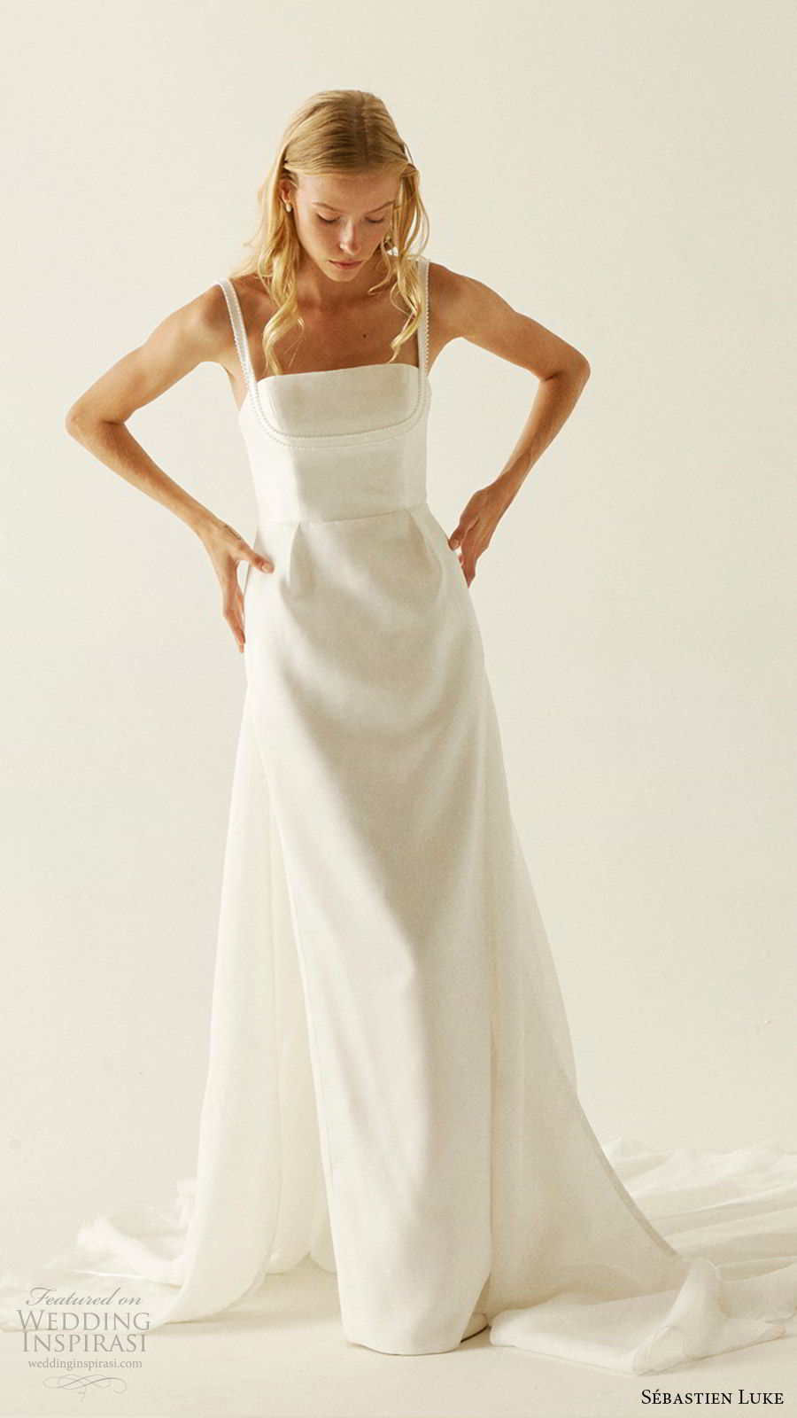 sebastien luke fall 2019 bridal sleeeless beaded straps straight across neckline column wedding dress chapel train minimal clean modern (10) mv